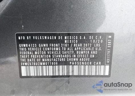 2021 Volkswagen Jetta 1.4T R-Line/1.4T S/1.4T Se из США, поврежденный, VIN 3VWC57BU2MM011606